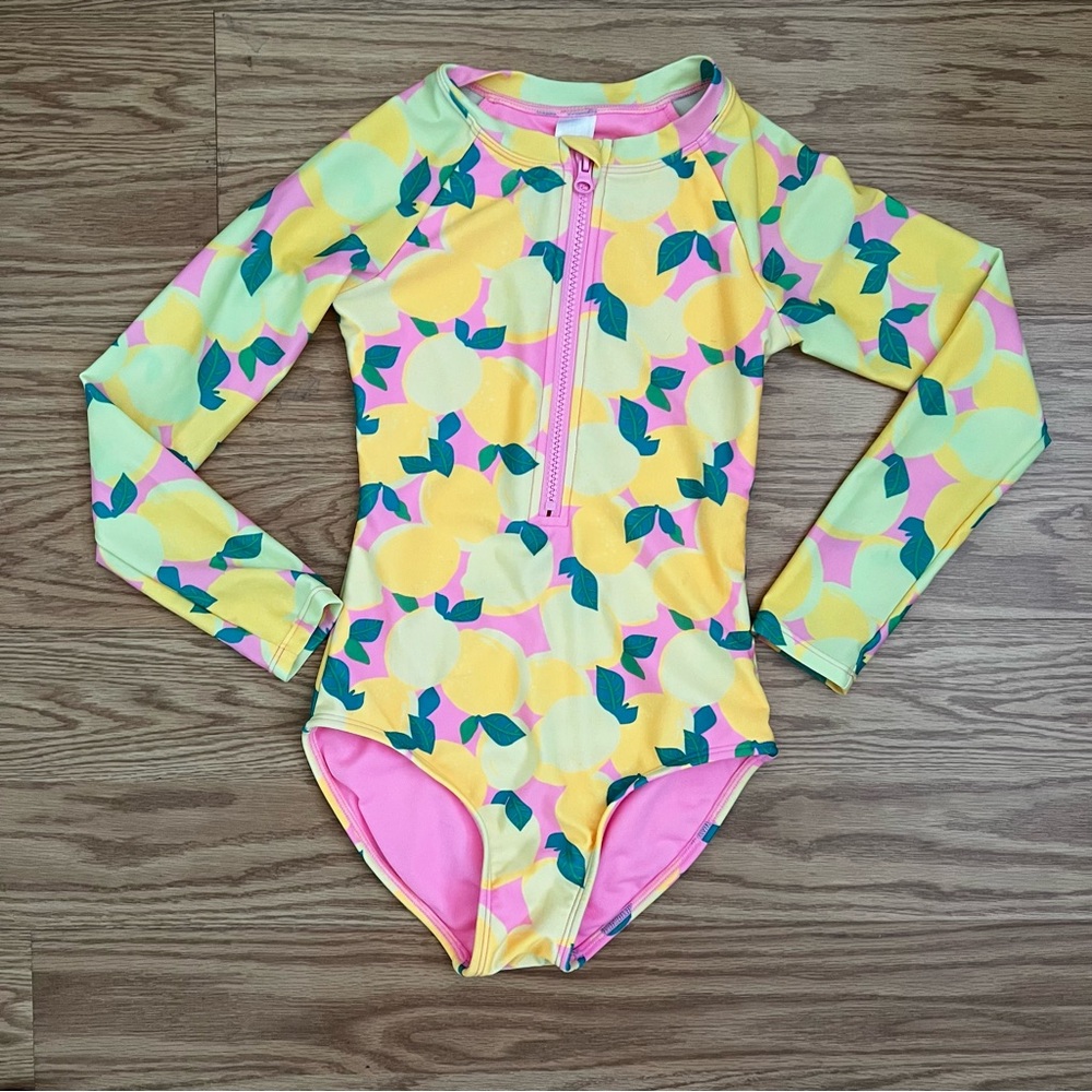 Cat & Jack Yellow and Pink Lemon Print Rashguard girls size 8